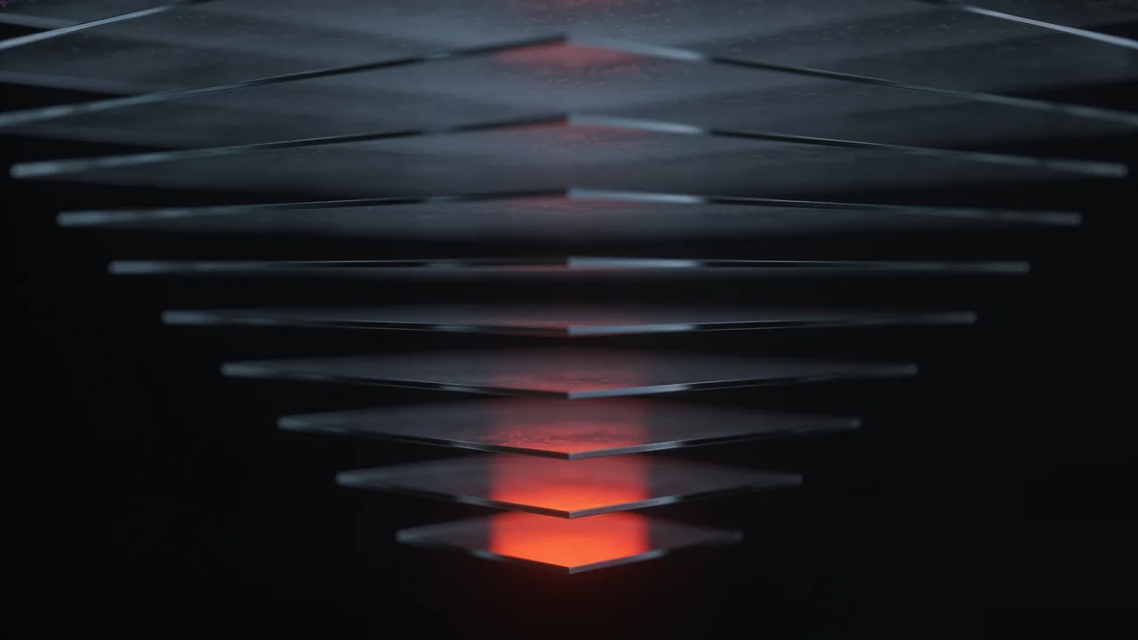 Thin translucent sheets stacked in depth, light caught in the deepest gap.