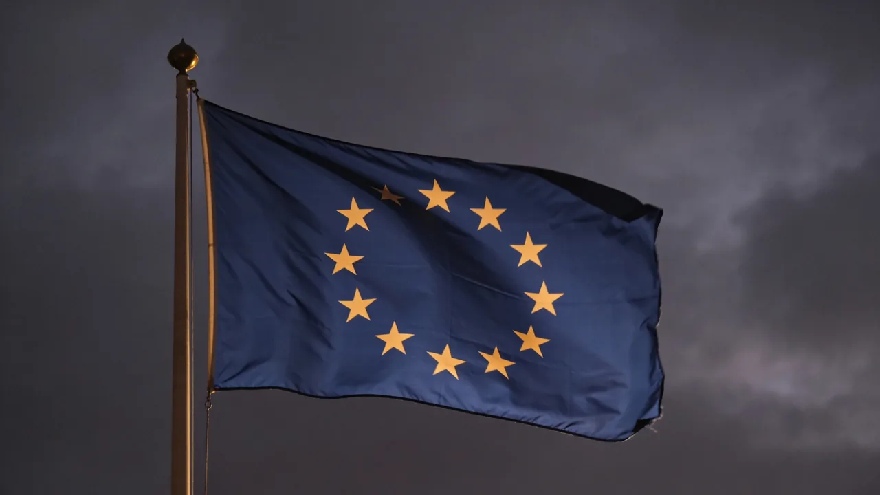 The flag of the European Union flying against an overcast evening sky.
