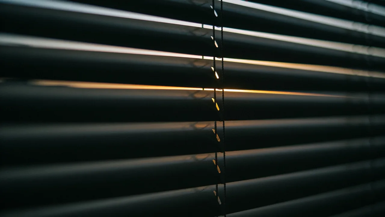 Closed window blinds at night with thin slivers of light between the slats.