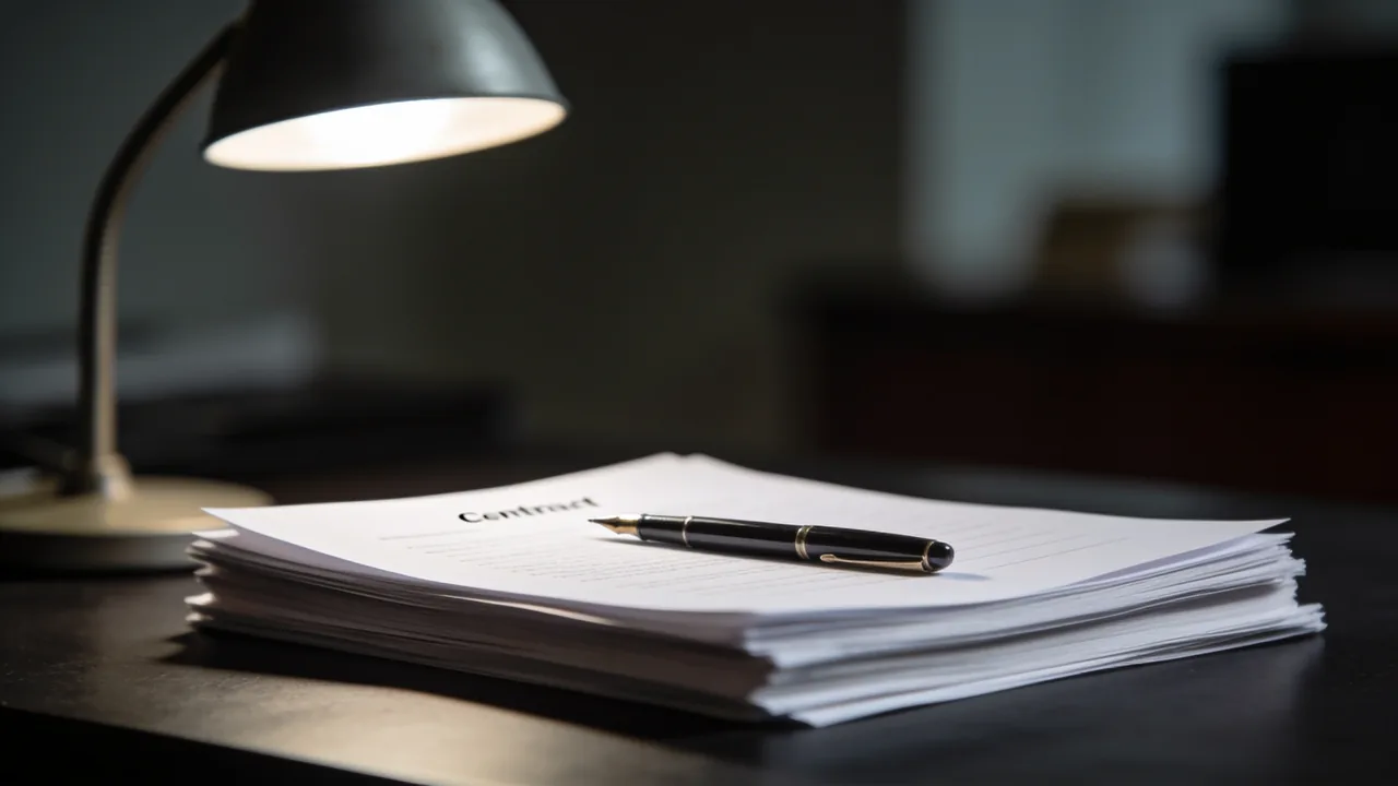 A stack of printed contracts on a desk with a pen resting on top.