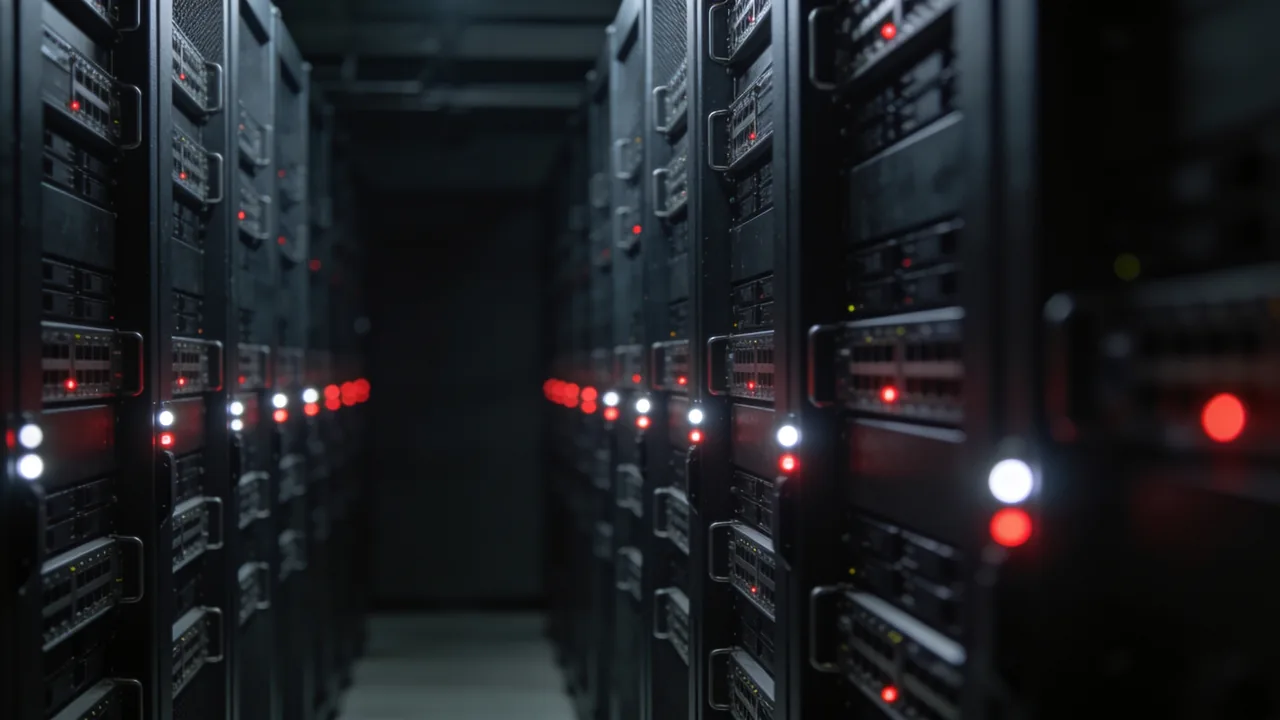 An aisle of server racks in a dark data centre, status lights glowing.