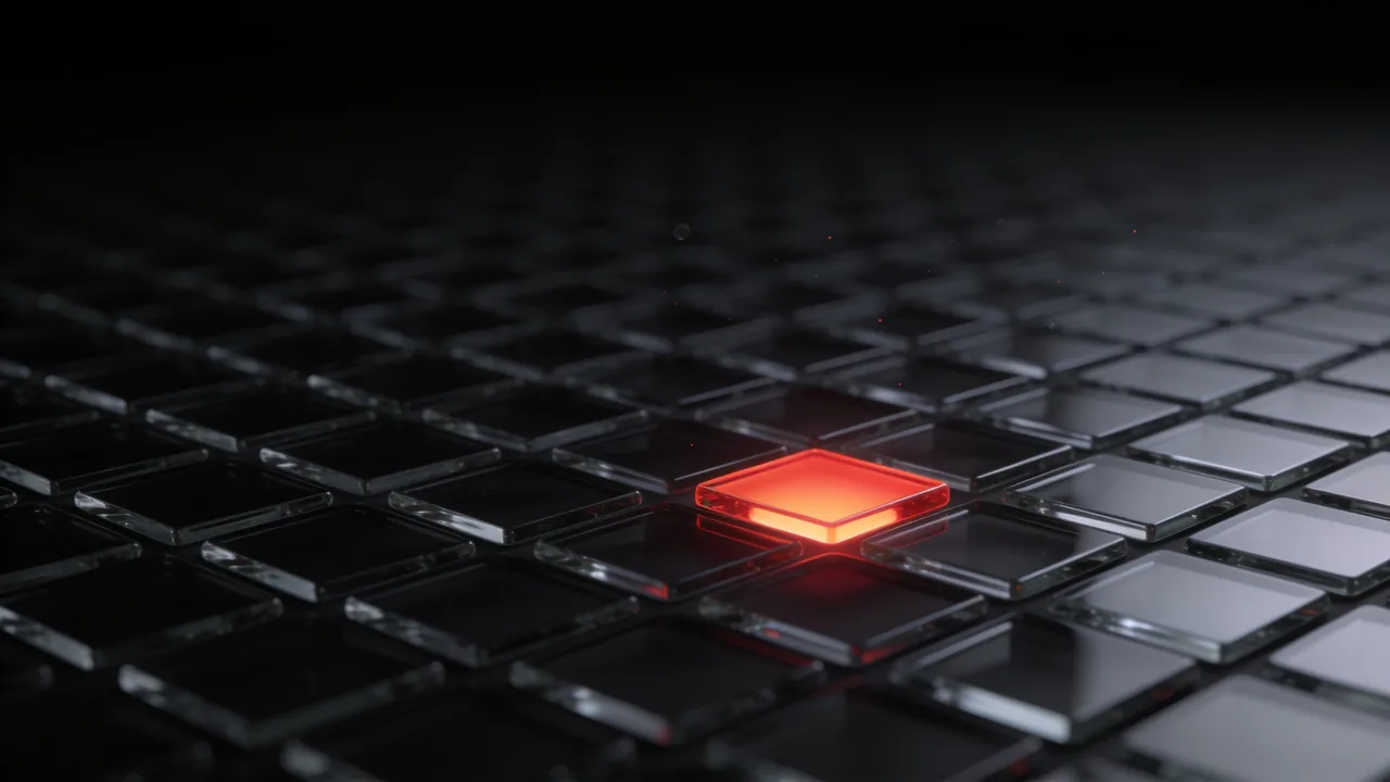 A grid of identical dark tiles with a single one glowing red.