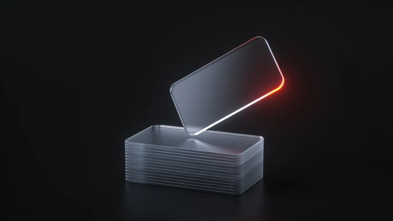 One rounded glass card lifting away from a neat stack of identical cards.