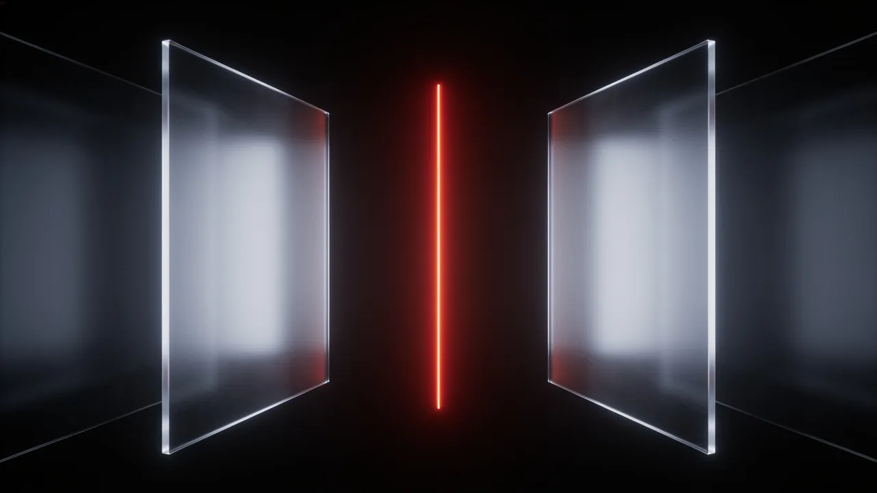 Two identical glass panels balanced either side of a single line of light.