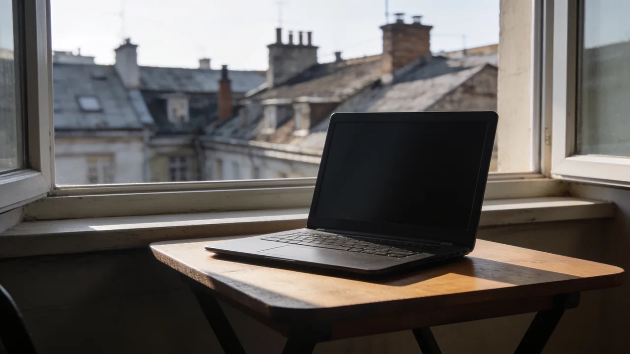 A laptop on a table by a window looking out over European rooftops.